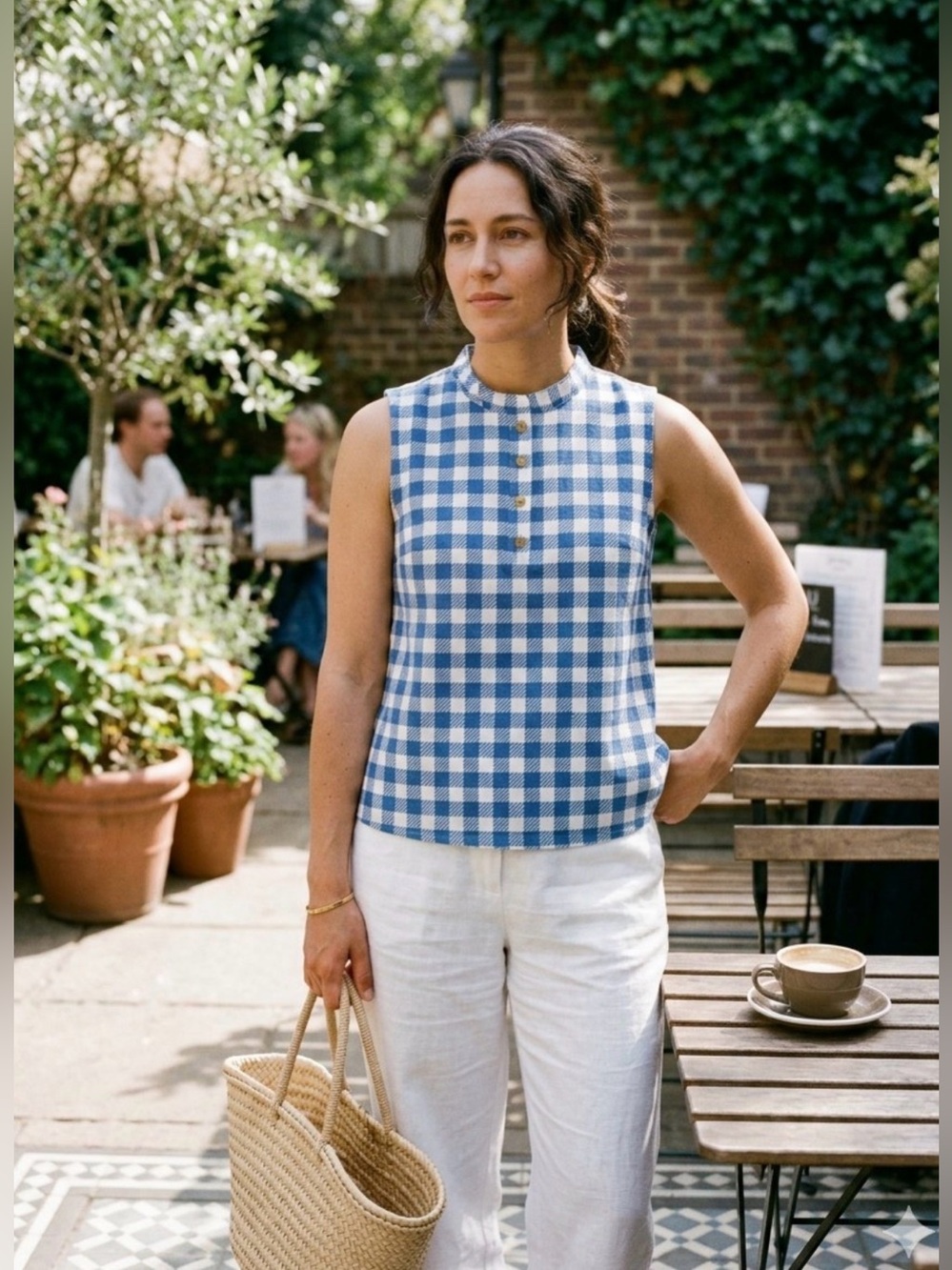 NWT Ann Taylor Size Large Blue White Gingham Ruffle Neck Sleeveless Blouse